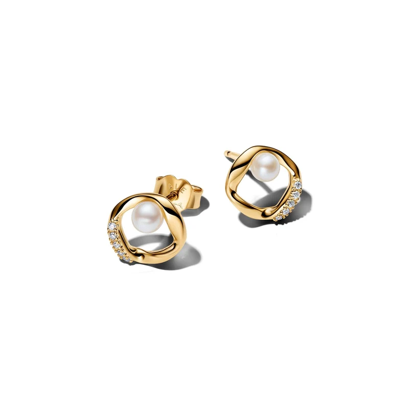 Pandora Essence Clous D’Oreilles Pavé Circle & Treated Freshwater Cultured Pearl De Forme Organique Plaqués Or 264662C01