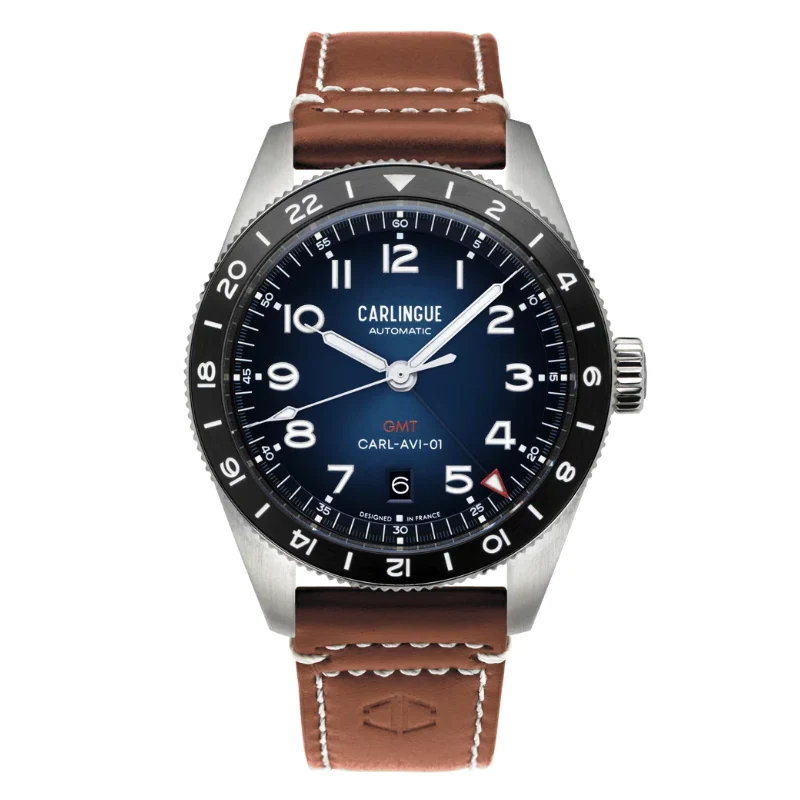 Montre CARLINGUE GMT Aviation 01 Bleu & Cuir Cognac CT-002-C