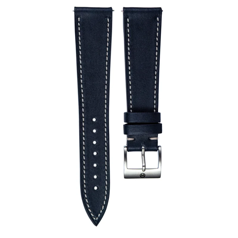 Monochrome - Smooth Calfskin Watch Strap - Dark Blue (White Stitch)