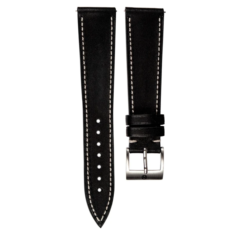 Monochrome - Smooth Calfskin Watch Strap - Black (White Stitch)