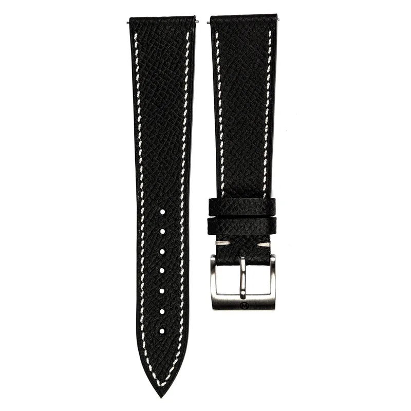 Monochrome - Grained Calfskin Watch Strap - Black (White Stitch)