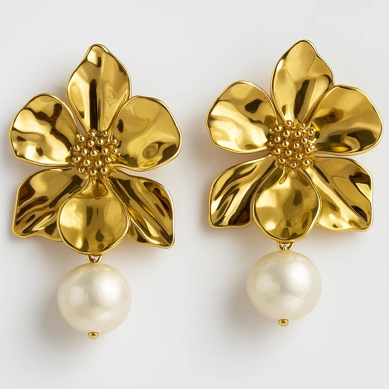 Boucles d’oreilles dorées en forme de fleur avec perle – Solène