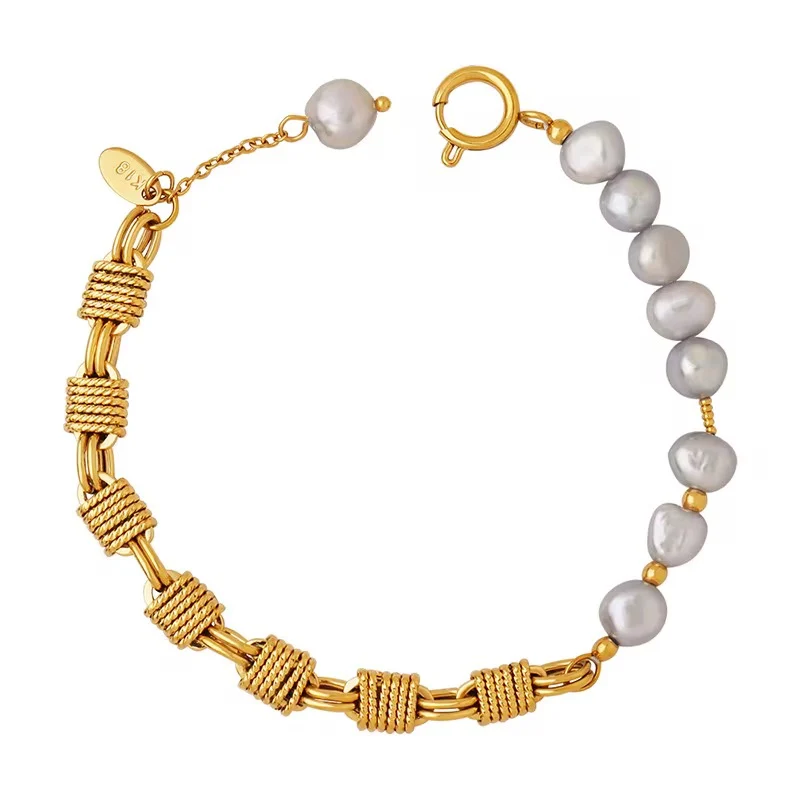 Soé : Bracelet perles naturelles grises & acier inoxydable doré à l’or fin