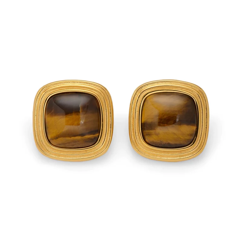 Boucles d’Oreilles Carrées Œil de Tigre – Acier Inoxydable Plaqué Or