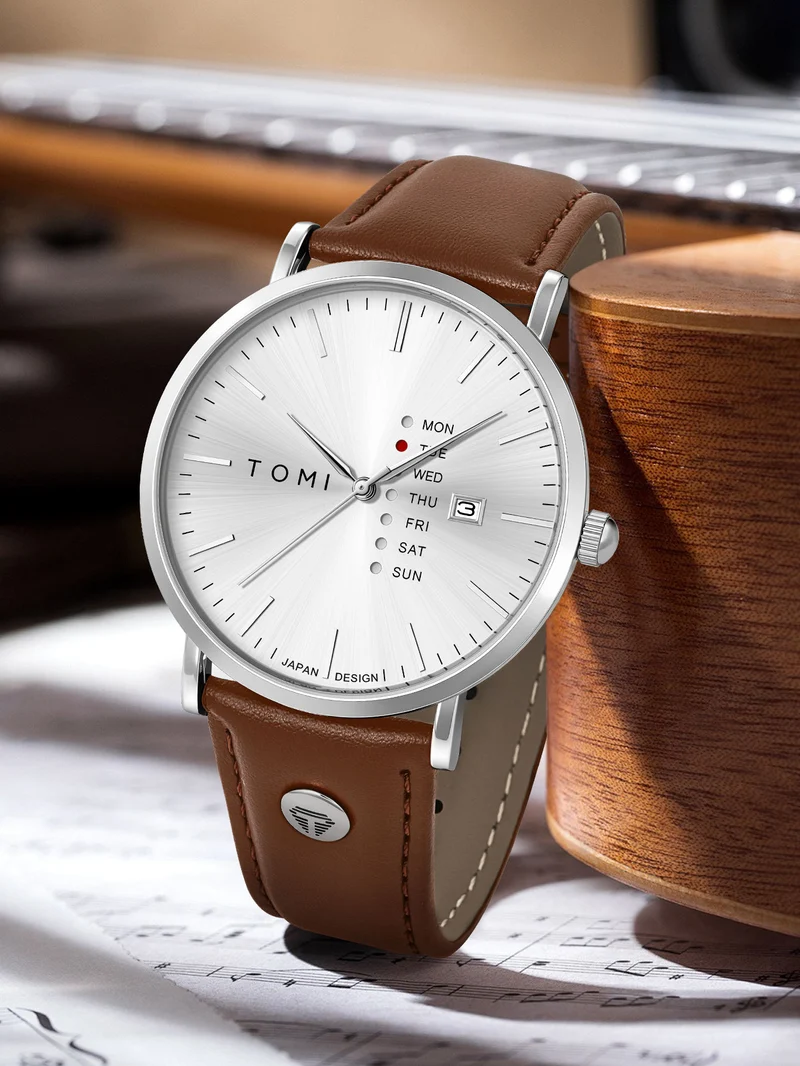 New TOMI T-019 Trendy Men's Watch Quartz Texture Business Watch with Leather Strap and Weekday Calendar