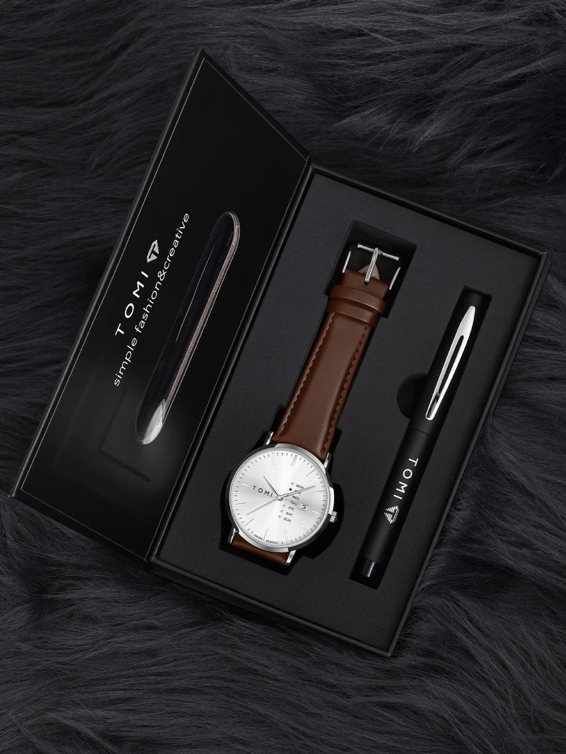 New TOMI T-019 Trendy Men's Watch With Pen Quartz Texture Business Watch with Leather Strap and Weekday Calendar With Pen
