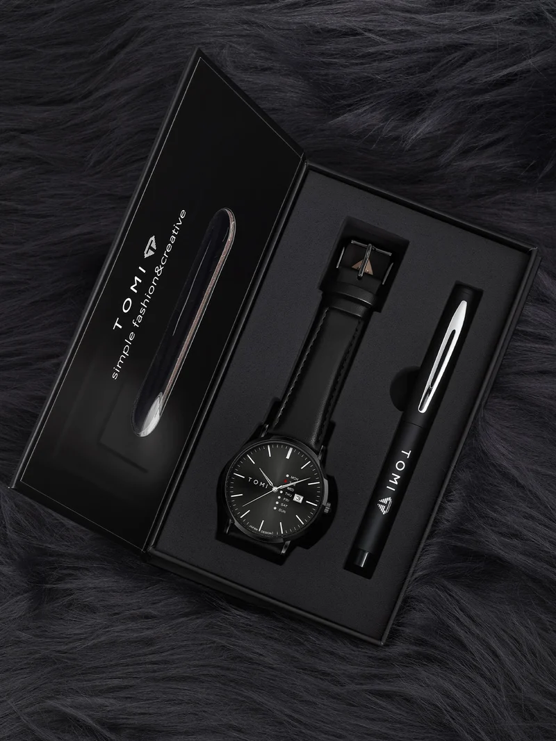 New TOMI T-019 Trendy Men's Watch With Pen Quartz Texture Business Watch with Leather Strap and Weekday Calendar With pen