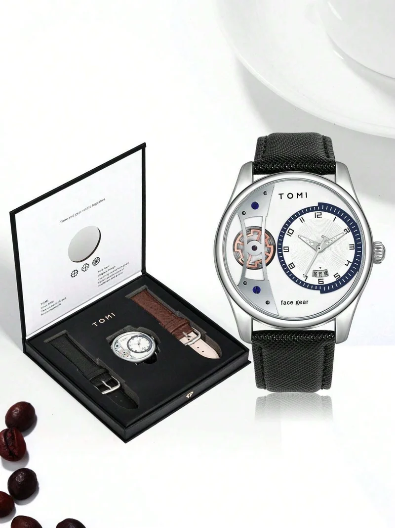 TOMI T-105 Face Gear Luxury Watch – Dual Strap Edition with Date Display & Premium Gift Box