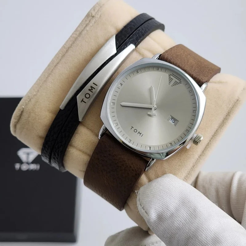 TOMI T-044 Luxury Watch with Bracelet – Quartz Date | Premium Gift Box Watch+Bracelet