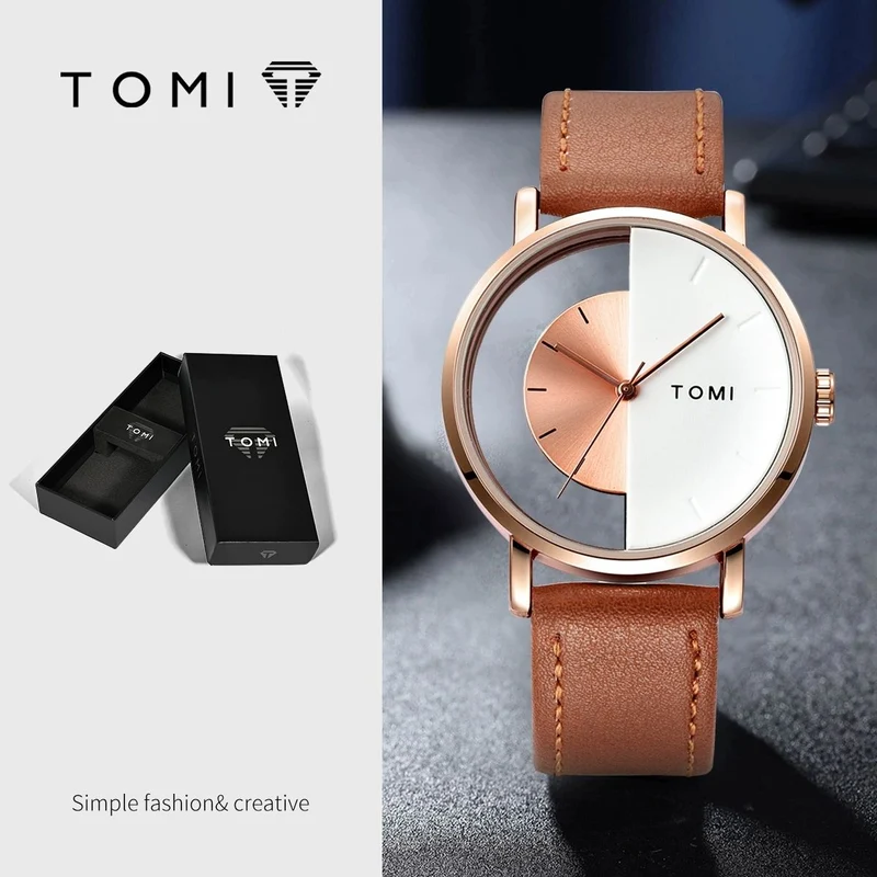 TOMI T-080 Unisex Watch Half Transparent Leather Strap