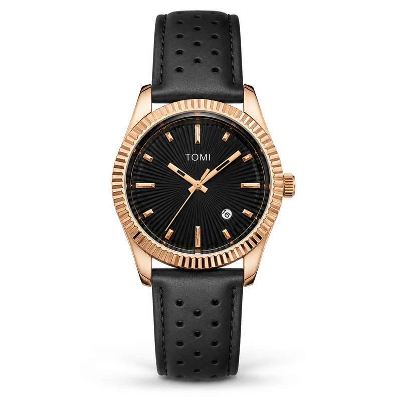 TOMI T-098 Men's Watch Date Quartz Round Shape Dial Leather Straps