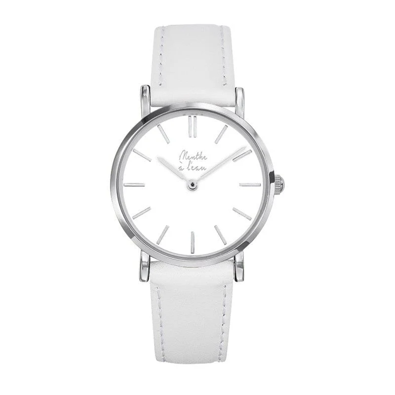 Montre La Véritable bracelet cuir blanc fond blanc chromé