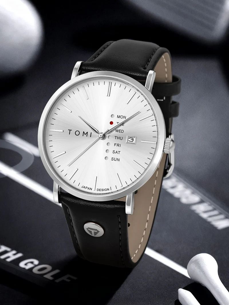 New TOMI T-019 Trendy Men's Watch Quartz Texture Business Watch with Leather Strap and Weekday Calendar