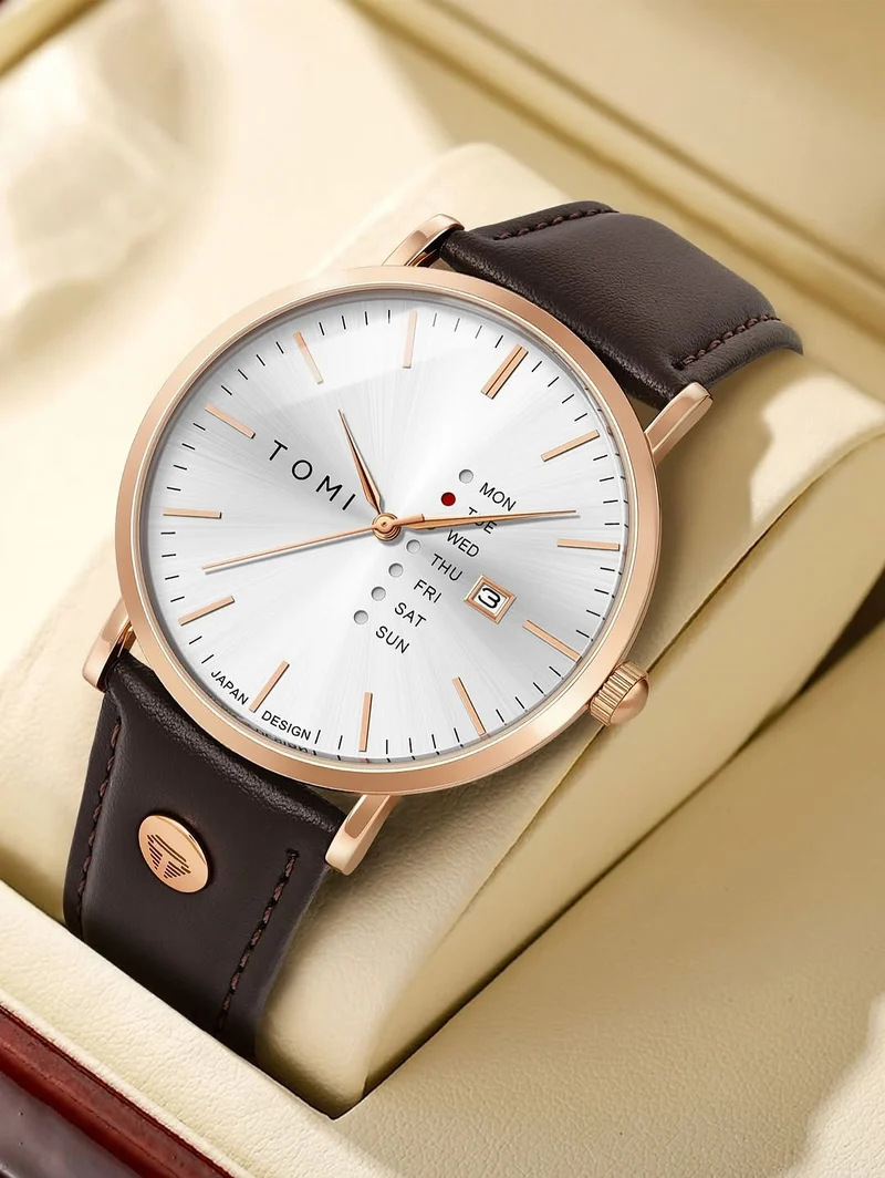 New TOMI T-019 Trendy Men's Watch Quartz Texture Business Watch with Leather Strap and Weekday Calendar