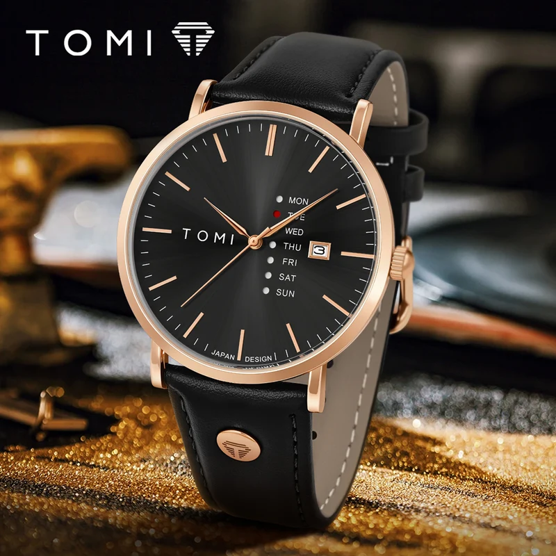 New TOMI T-019 Trendy Men's Watch Quartz Texture Business Watch with Leather Strap and Weekday Calendar