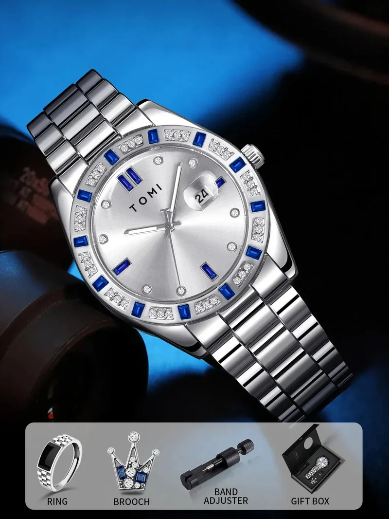 TOMI T-305 High Quality Chain Watch Set – Date Quartz | Ring & Brooch | Premium Gift Box