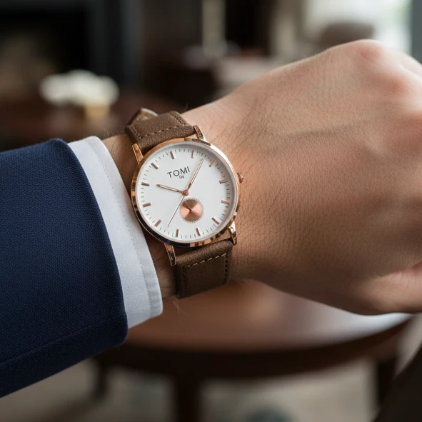 TOMI T-073 Luxury Slim Dial Watch Side Second Quartz Leather Strap