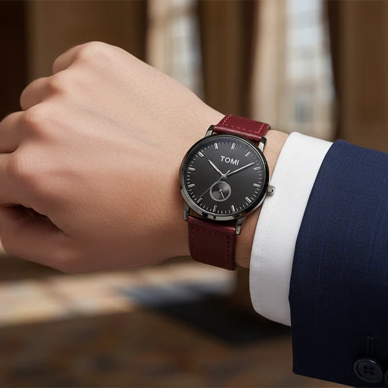 TOMI T-073 Luxury Slim Dial Watch Side Second Quartz Leather Strap
