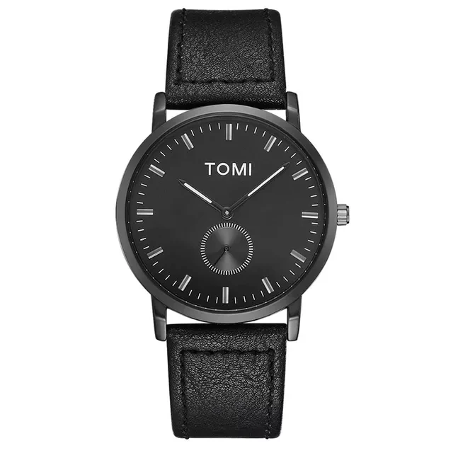 TOMI T-073 Luxury Slim Dial Watch Side Second Quartz Leather Strap