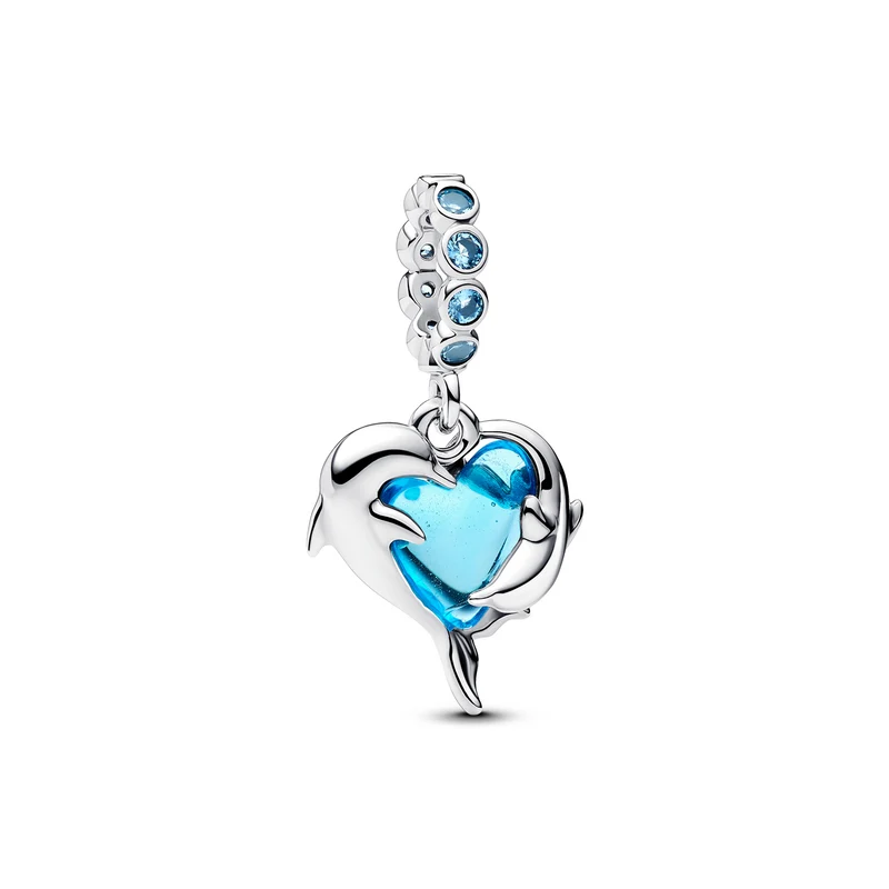 Pandora Moments 925 Sterling Silver Blue Murano Glass Dolphins Dangle Charm 793924C01
