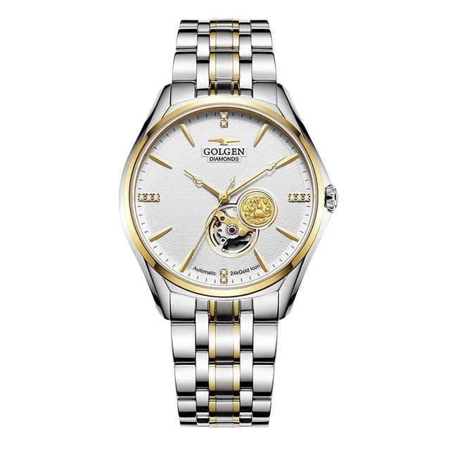 GOLGEN Couple Mechanical Watches Lovers Stainless Steel Simple Elegant Men Women Skeleton Dial Wristwatch