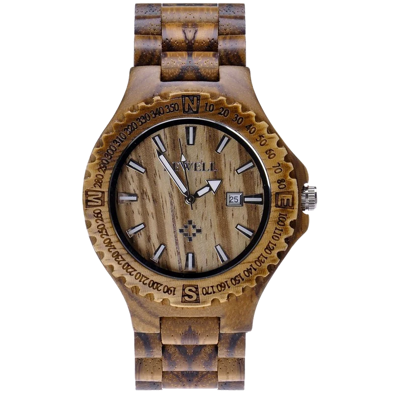 MEKU Handmade Wooden Wrist Watches Quartz with Solid Natural Zebrawood and Date Calendar