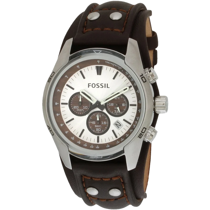 Fossil Mens Stainless Steel Chronograph Watch with Genuine Brown Leather Strap