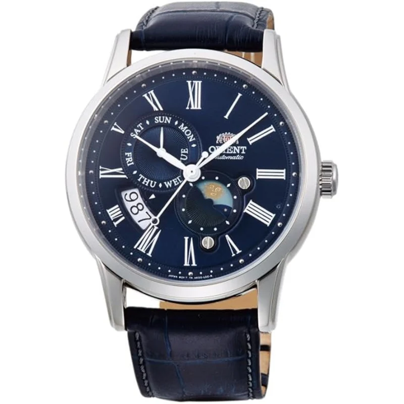Orient Bambino 42.5mm Sun & Moon Blue Dial Leather Mens Automatic Watch RA-AK0011D10B