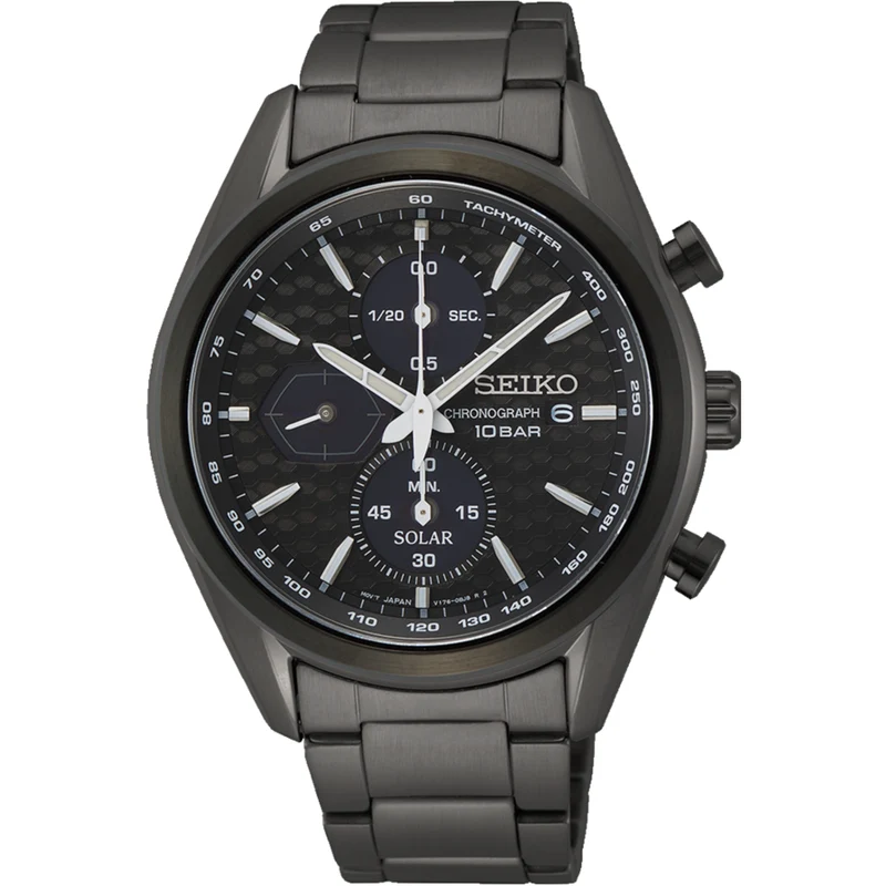 Seiko Essentials 42mm Chronograph Black Dial Steel Mens Solar Watch SSC773P1