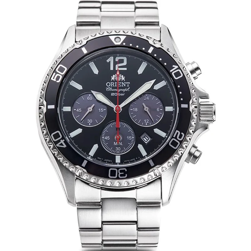 Orient Mako 43mm Chronograph Black Dial Steel Mens Solar Watch RA-TX0202B10B