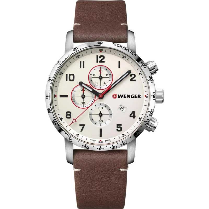 Wenger Attitude Quartz Cream Dial Brown Leather Strap Chronograph Men's Watch 01.1543.113