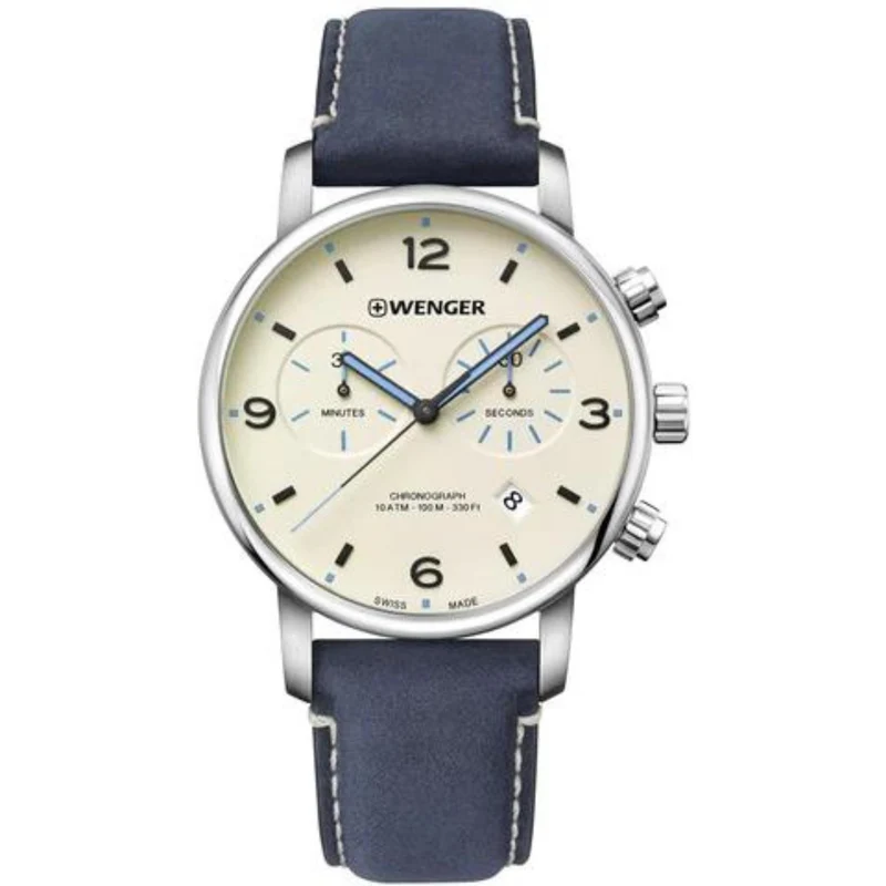Wenger Urban Metropolitan Chronograph Quartz Cream Dial Blue Leather Strap Men's Watch 01.1743.119