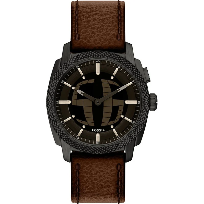 Fossil Reloj Machine Hombre LCD Acero Inoxidable 41 mm Negro con Correa de Cuero Marrón FS6165