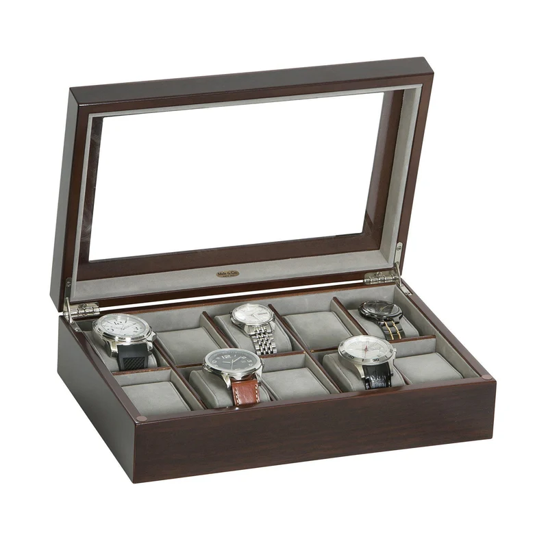 Hudson Glass Top Wooden Watch Box in Mahogany Finish
