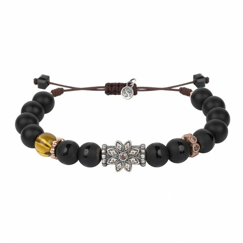 Pulsera SUNFIELD de plata, ónix, cristal, resina amarilla, circonitas y nailon PU061467