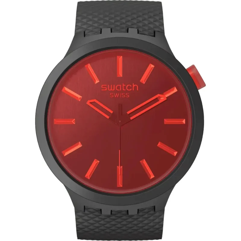 Swatch Big Bold Midnight Mode Red Dial Silicone Strap Watch SB05B111