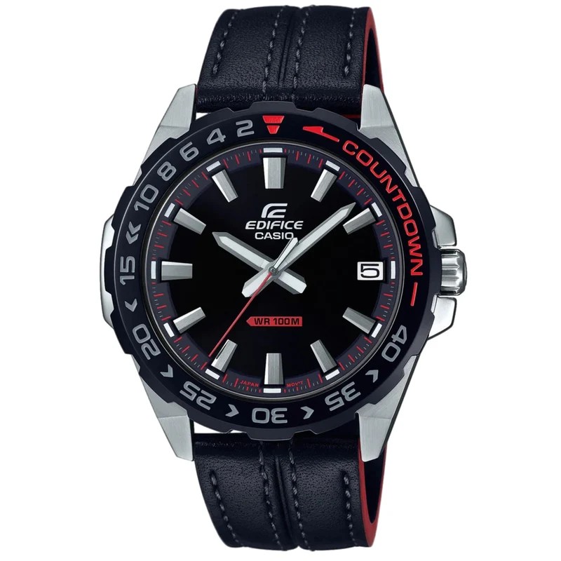 EX-DISPLAY Casio Edifice Quartz Countdown Bezel Stainless Steel Case Black Leather Strap Men's Watch EFV-120BL-1AVUEF - ED
