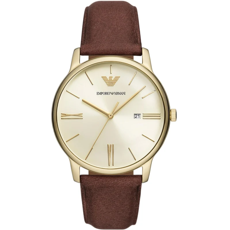 Emporio Armani Minimalist 42mm Champagne Dial Leather Mens Quartz Watch AR11610