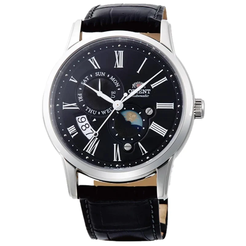 Orient Bambino 42.5mm Sun & Moon Black Dial Leather Mens Automatic Watch RA-AK0010B30B