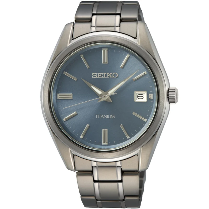 Seiko Essentials 40mm Blue Dial Titanium Mens Quartz Watch SUR371P1