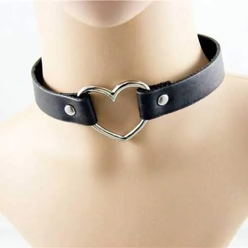 1CM Width Punk Gothic Metal Heart Leather Choker Collar Necklace Only for Wholesale