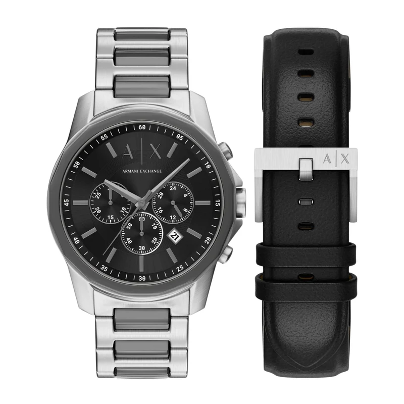Armani Exchange Banks 44mm Chronograph Black Dial Steel and Steel Mens Quartz Watch AX7181SET