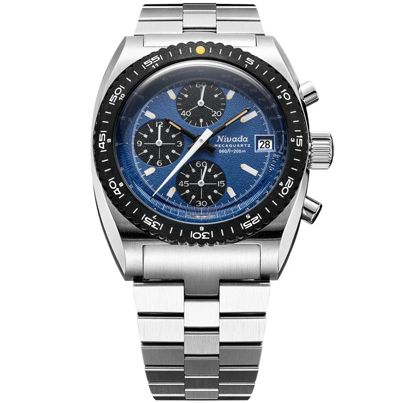 Nivada Grenchen Autochron Mecaquartz 38mm Chronograph Blue Dial Steel Mens Quartz Watch 77005Q45