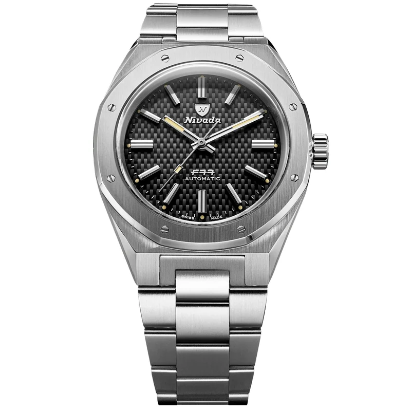 Nivada Grenchen F77 MK2 41mm Black Dial Steel Mens Automatic Watch 68041A77A