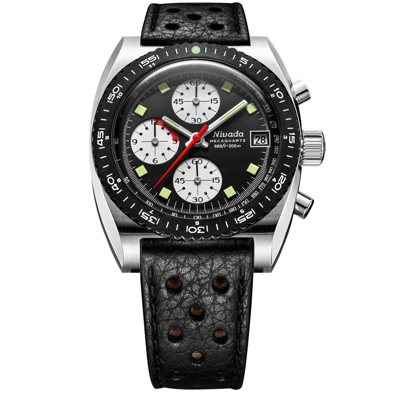 Nivada Grenchen Autochron Mecaquartz 38mm Reverse Panda Black Dial Leather Mens Quartz Watch 77007Q10
