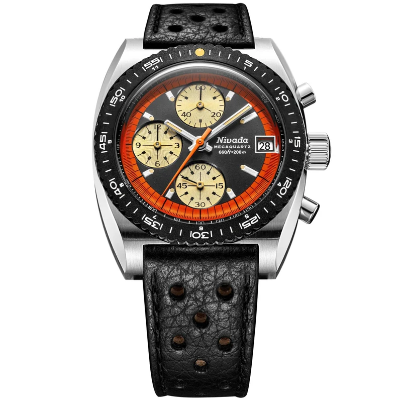 Nivada Grenchen Autochron Mecaquartz 38mm Orange Chronograph Black Dial Leather Mens Quartz Watch 77004Q10