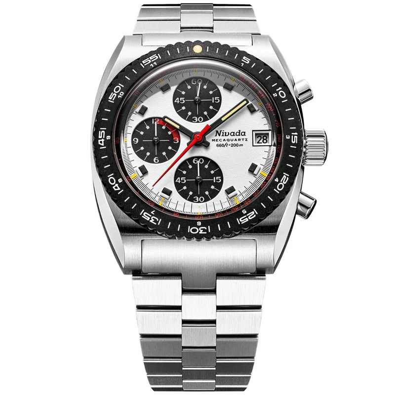 Nivada Grenchen Autochron Mecaquartz 38mm Panda Chronograph White Dial Steel Mens Quartz Watch 77006Q45