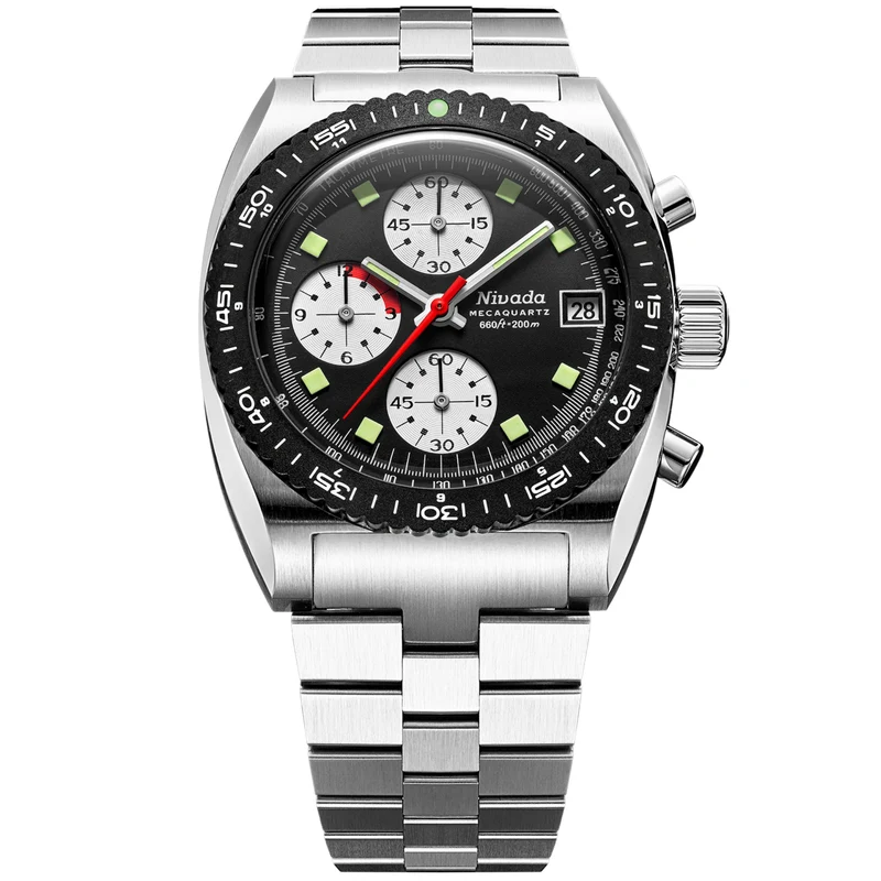 Nivada Grenchen Autochron Mecaquartz 38mm Reverse Panda Chronograph Black Dial Steel Mens Quartz Watch 77007Q45