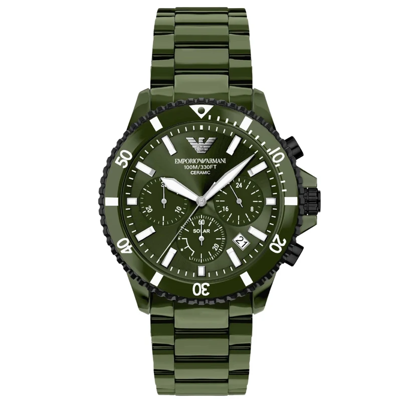 Emporio Armani World Explorer 44m Solar Chronograph Green Dial Ceramic Mens Quartz Watch AR70023