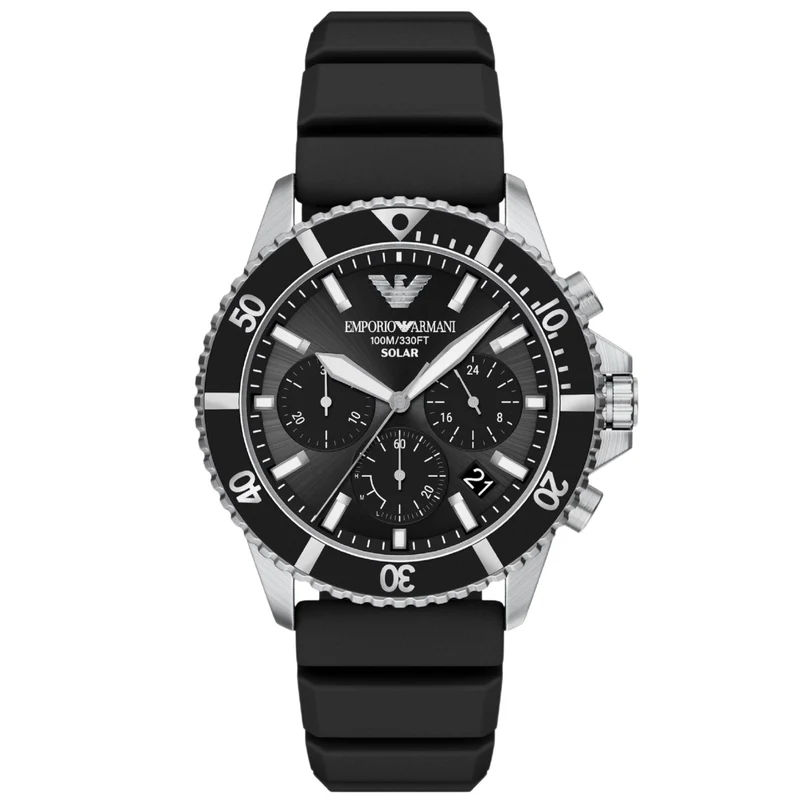 Emporio Armani World Explorer 43mm Solar Chronograph Black Dial Silicone Mens Quartz Watch AR11830